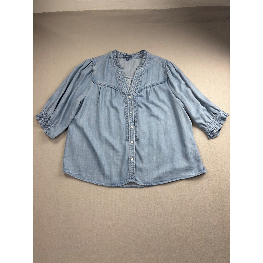Democracy Womens XL Chambray Denim Top Lace Crochet Ruffle Collar 3/4 Sleeve